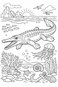 Crocodil marin preistoric înotând în ocean cu meduze, pești și corali.