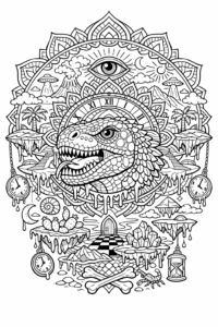 Cap de dinozaur într-o mandala decorativă cu simboluri, ceasuri și peisaje fantastice, imagine de colorat complexă.