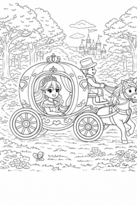 Prințesă într-o trăsură trasă de cal mergând prin pădure spre castel, desen de colorat pentru copii.