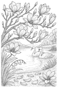 Desen de colorat cu lebede pe lac și flori de magnolie înflorite, peisaj liniștit pentru imprimat.