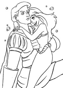 Ariel îmbrățișându-l pe prințul Eric sub apă, desen de colorat romantic inspirat din poveste.