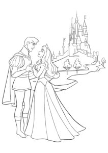 Prințesa Aurora și prințul Filip stând împreună în fața castelului, desen de colorat romantic pentru copii.
