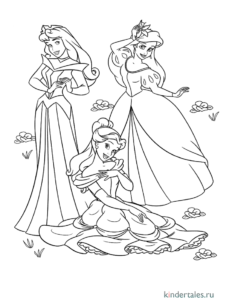 Aurora, Belle și Ariel în rochii elegante, desen de colorat cu prințese pentru copii.