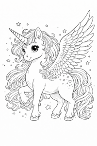 Unicorn magic într-o pădure sub cerul nopții cu lună și stele, imagine de colorat pentru copii disponibilă gratuit pentru descărcare și imprimare.