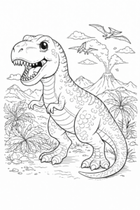 Desen de colorat cu un dinozaur zâmbitor într-un peisaj preistoric cu vulcan și pterozauri.