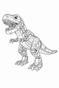 Desen de colorat cu un T-Rex LEGO construit din piese mecanice, imagine interesantă pentru copii.