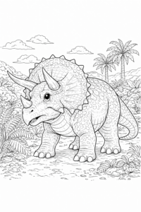 Desen de colorat cu Triceratops într-un peisaj preistoric cu palmieri și vegetație.