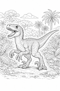Desen de colorat cu Velociraptor într-un peisaj cu plante tropicale și palmieri.