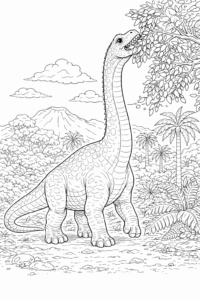 Imagine de colorat cu Brachiosaurus care mănâncă frunze dintr-un copac într-un peisaj preistoric.