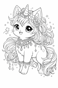 Pisică unicorn cu coroniță de flori și bijuterii, imagine de colorat adorabilă pentru copii.