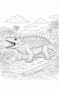 Ankylosaurus blindat care prinde un pește într-un peisaj preistoric cu palmieri.