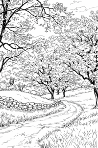 Imagine de colorat cu o alee de primăvară printre copaci înfloriți și un zid de piatră, peisaj liniștit pentru imprimat.