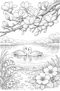 Planșă de colorat cu două lebede pe lac, înconjurate de flori de primăvară și copaci înfloriți.