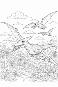 Pterozauri zburând peste o junglă preistorică cu palmieri și munți.