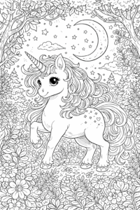 Unicorn drăguț într-o pădure magică sub cerul nopții cu lună și stele, imagine de colorat pentru copii care poate fi descărcată gratuit și imprimată.