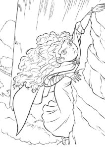 Prințesa Merida cățărându-se pe o stâncă în munți, desen de colorat pentru copii inspirat din poveste.