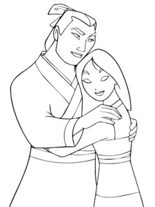 Mulan și Li Shang îmbrățișați într-o scenă romantică, desen de colorat pentru copii.