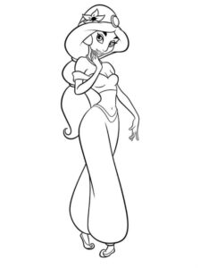 Prințesa Jasmine în poziție elegantă, desen de colorat simplu pentru copii de imprimat.