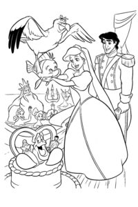Ariel alături de Flounder, Sebastian, regele Triton și prințul Eric, desen de colorat inspirat din poveste.
