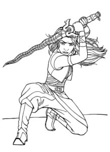 Raya ținând sabia ridicată într-o poziție de luptă, desen de colorat pentru copii de imprimat gratuit.