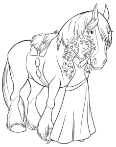 Prințesa Merida lângă calul ei Angus, desen de colorat pentru copii de imprimat gratuit.