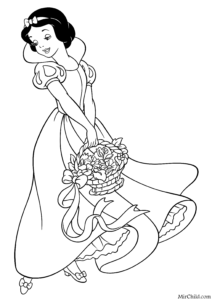 Albă ca Zăpada ținând un coș cu flori, desen de colorat elegant pentru copii de imprimat.