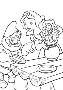 Albă ca Zăpada aranjând masa împreună cu un pitic în căsuța din pădure, fișă de colorat pentru copii.