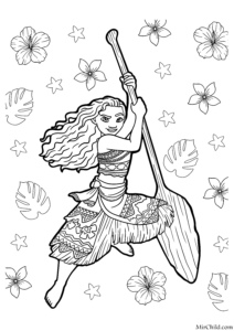 Vaiana ținând o vâslă mare în mijlocul florilor tropicale, desen de colorat pentru copii.