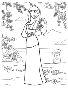 Mulan ținând un felinar într-o grădină cu flori și copaci, desen de colorat pentru copii de imprimat.