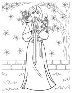 Mulan ținând sabia, cu dragonul Mushu pe umăr, desen de colorat pentru copii de imprimat.