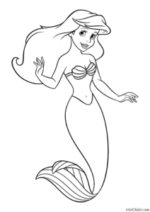 Ariel, mica sirenă cu părul lung și coada de pește, desen de colorat pentru copii de imprimat gratuit.