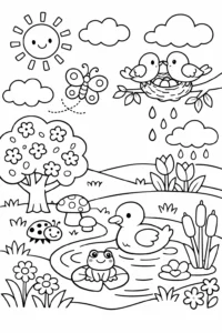 Planșă de colorat cu un mic iaz de primăvară, rățuște, broască și flori în jur.