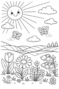 Imagine de colorat cu flori de primăvară, fluturi și un soare zâmbitor deasupra unui peisaj simplu.