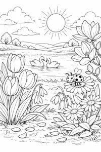 Planșă de colorat cu flori de primăvară pe un deal sub soare, desen simplu potrivit pentru imprimat.