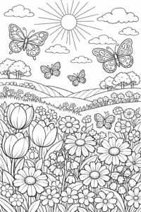 Desen de colorat cu fluturi zburând deasupra unei pajiști pline de flori sub soarele de primăvară.