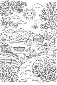 Planșă de colorat cu lac de primăvară, rațe, flori și un sat în fundal, imagine de colorat pentru imprimat.