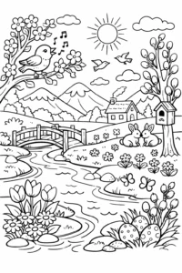 Imagine de colorat cu păsări cântând, flori și un pârâu într-un peisaj de primăvară pentru imprimat.