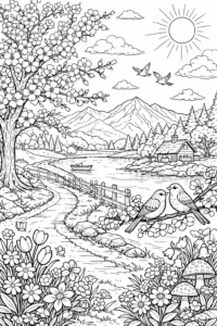 Desen de colorat cu lac liniștit, copac înflorit și păsări într-un peisaj de primăvară pentru imprimat.