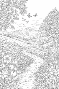 Planșă de colorat cu o vale de primăvară plină de flori, copaci înfloriți și munți în depărtare.