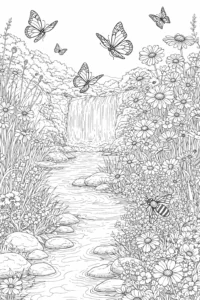Imagine de colorat cu o cascadă de primăvară, flori și fluturi deasupra unui pârâu, peisaj natural pentru imprimat.