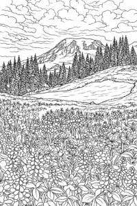 Fișă de colorat cu o pajiște plină de flori și munți în fundal, peisaj de colorat pentru imprimat.