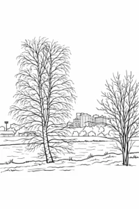 Desen de colorat cu copaci într-un parc și oraș în depărtare, peisaj simplu pentru imprimat.