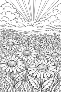 Imagine de colorat cu un câmp plin de margarete și cer luminos, fișă de colorat peisaj pentru imprimat.