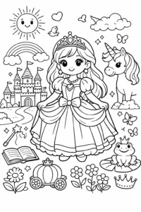Mică prințesă într-o rochie de poveste lângă un castel și un unicorn, fișă de colorat pentru copii de imprimat.