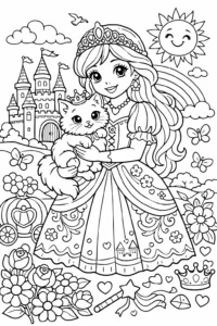 Prințesă zâmbitoare cu o pisică și un castel în fundal, planșă de colorat pentru copii cu peisaj de poveste de imprimat.