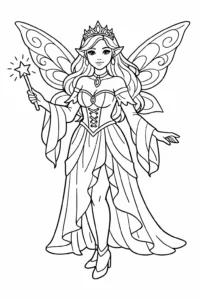 Prințesă zână cu aripi și baghetă magică, fișă de colorat pentru copii inspirată din povești fantastice.