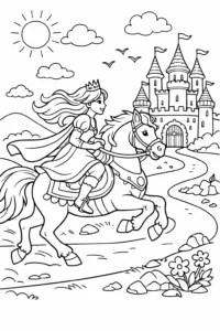 Prințesă călărind un cal pe drumul spre castel, planșă de colorat cu peisaj de poveste pentru imprimat.