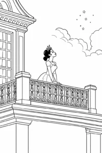 Prințesă privind cerul înstelat de pe balconul palatului, desen de colorat romantic.