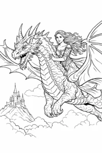 Prințesă călărind un dragon uriaș pe cer deasupra castelului, desen de colorat fantastic.