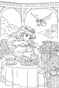 Prințesă la masă cu ceai și flori pe terasă cu vedere spre castel, desen de colorat detaliat.